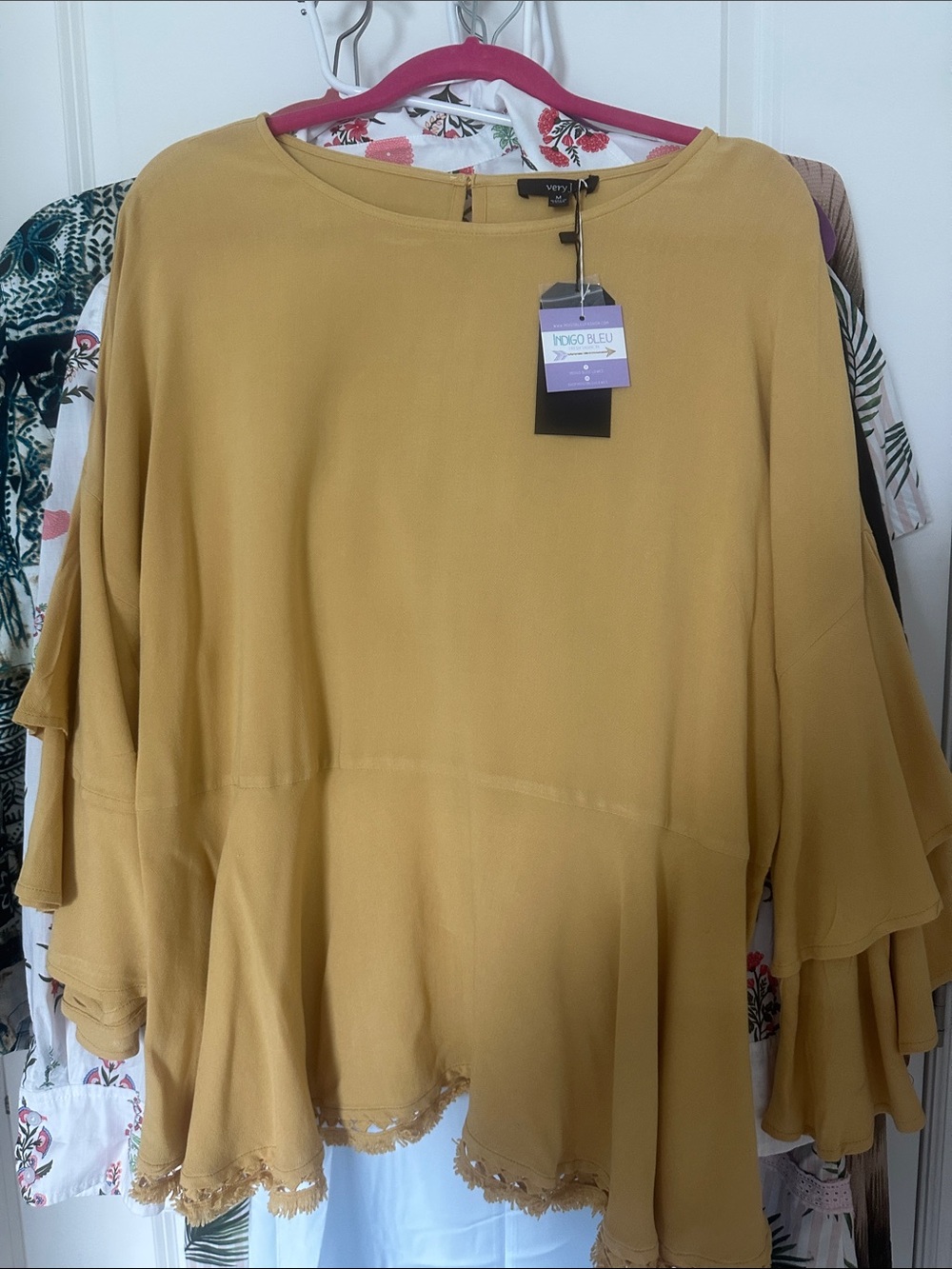 Very J Mustard Ruffle-Hem Peplum Blouse